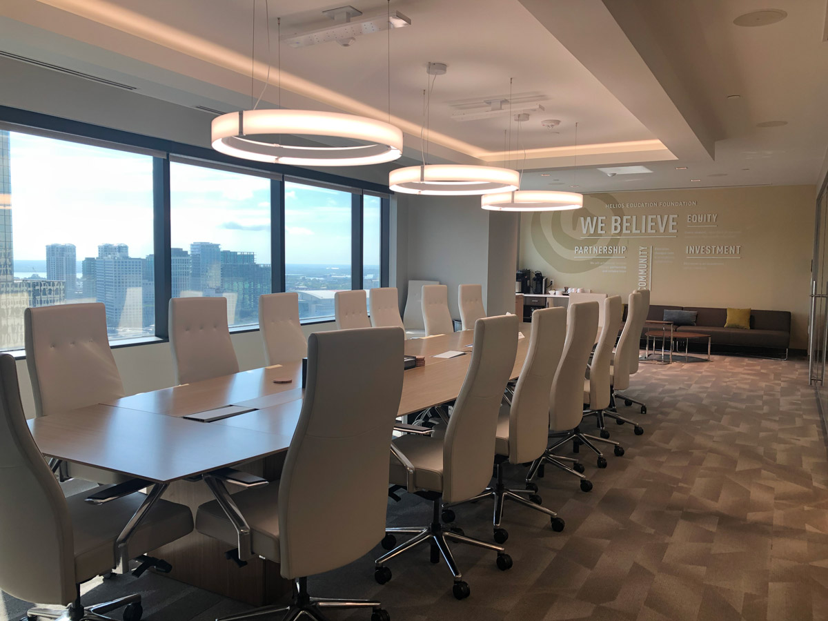 Boardroom looking from the left side of the room with large window view